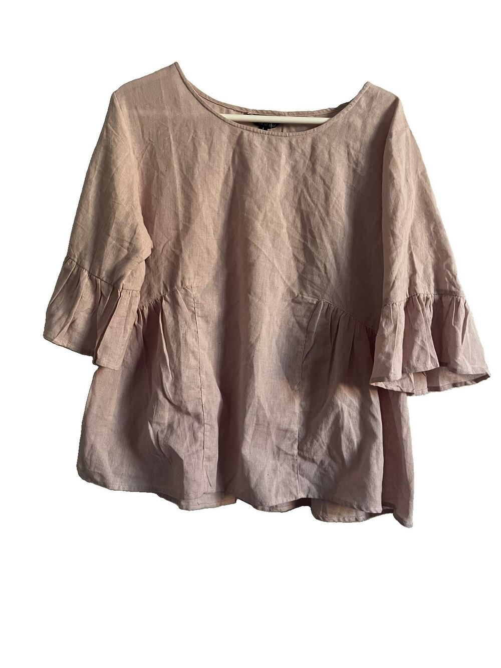 Yak & Yeti Womens L Pink Cotton Blouse Ruffle Bell Sleeve Boho Tunic Nepal NWT